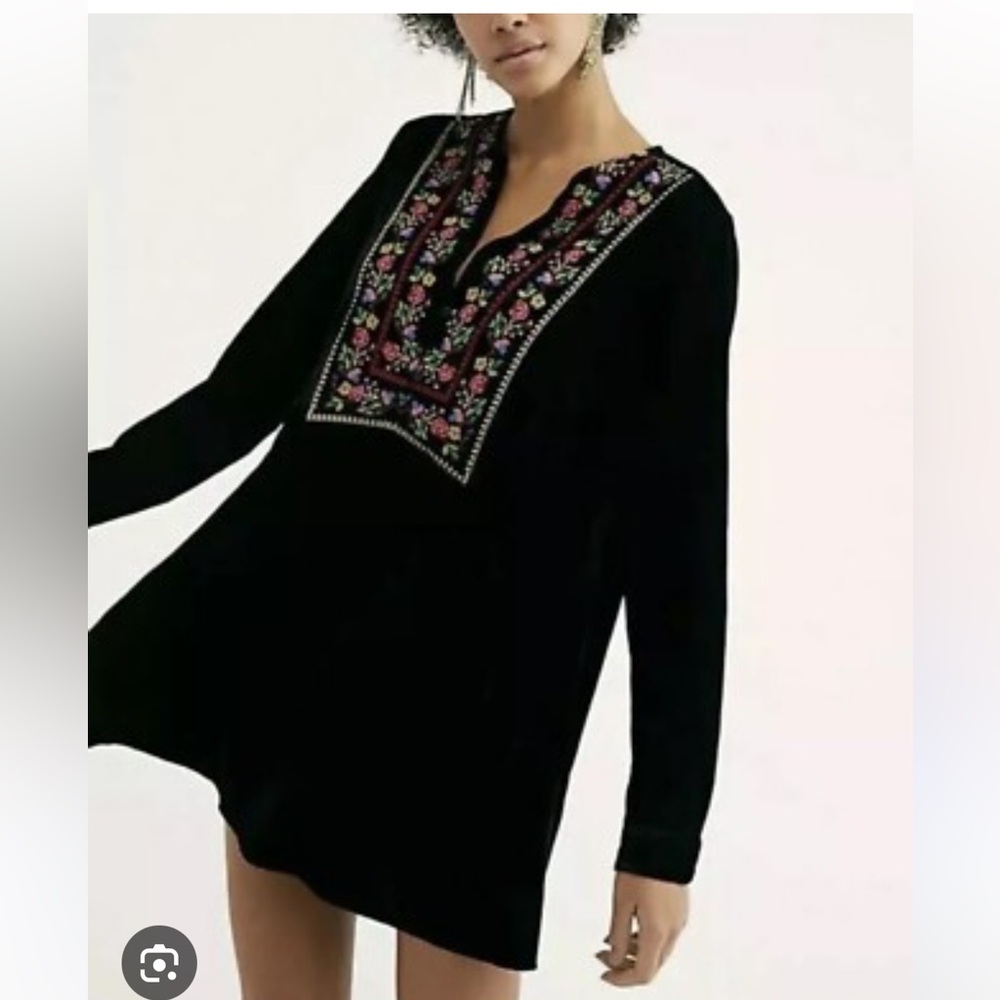 Free People Black Mini Dress with Floral Embroidery